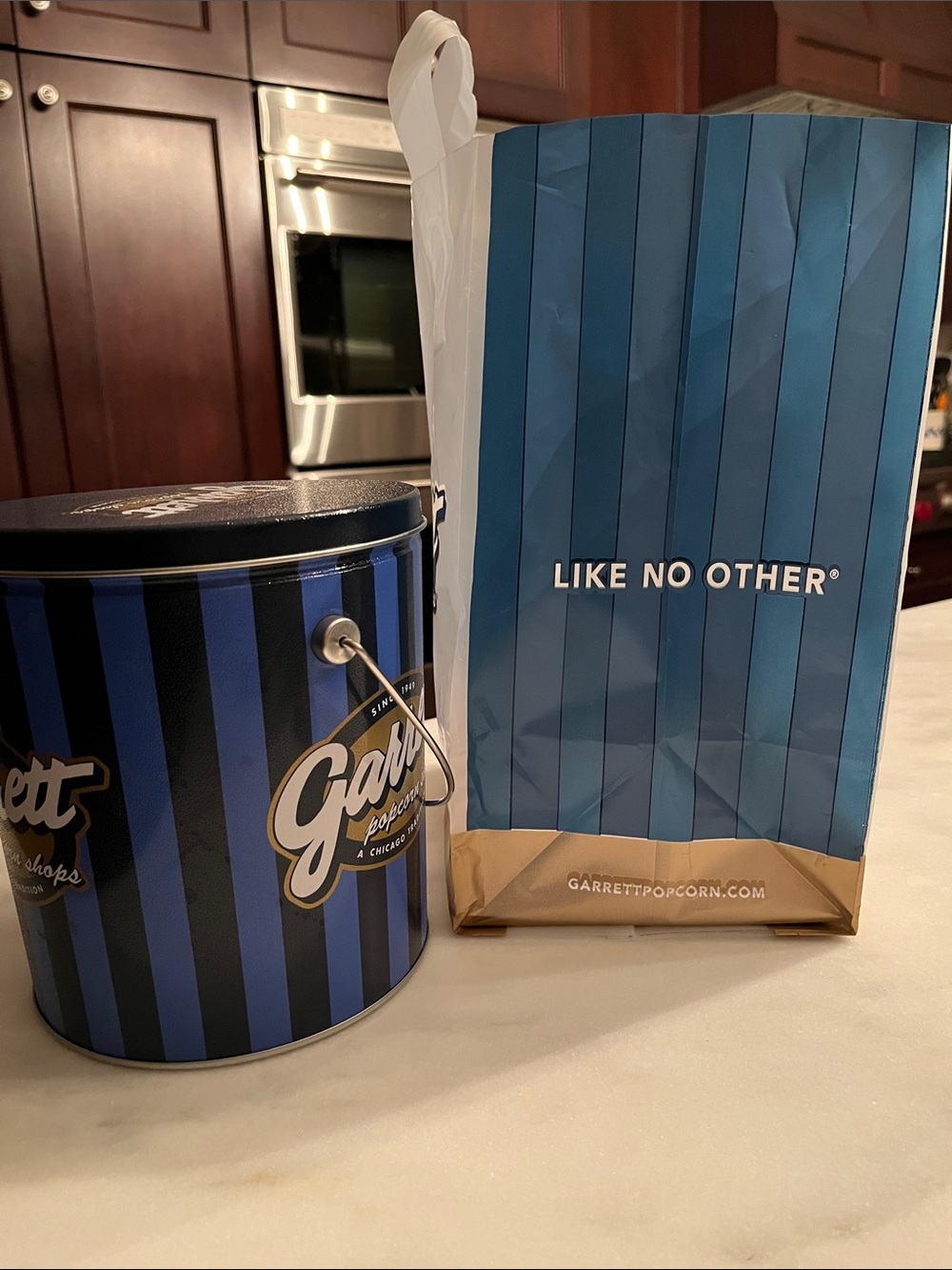 Garrett Popcorn Shops Tin and Shopping Bag - Blue & Black Stripe EMPTY - Picture 7 of 12